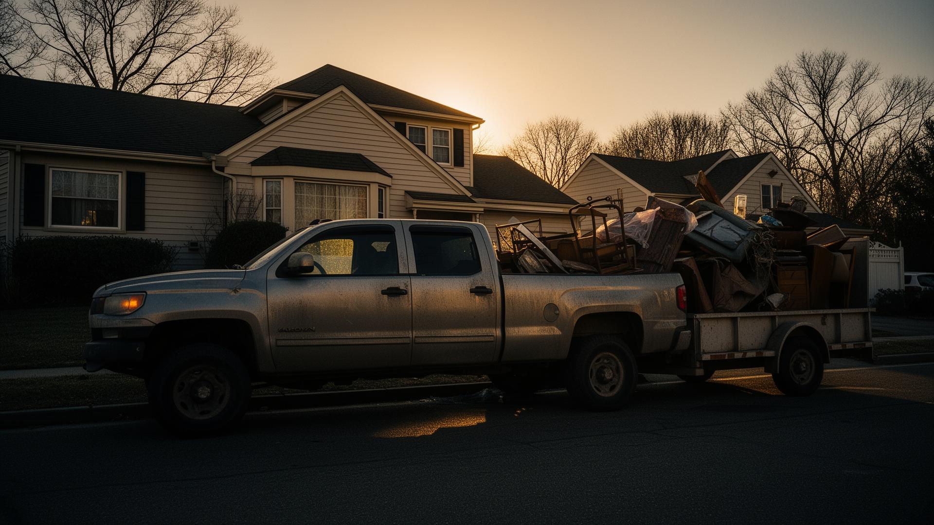 Handsome Haulers truck loaded with old furniture at sunset on Long Island